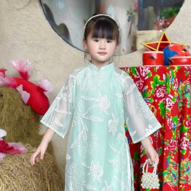 Áo Dài Bé Gái Xanh Vải Tơ Thêu - Thiết Kế Trung Thu và Tết, Nhà Cam C25.653, Giảm Giá 252.000₫