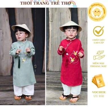 Áo dài bé trai CÚC CHI thuê chim hạc tone xanh đỏ 8-24kg MB67 - Giá chỉ 199.000₫ cho dịp Tết