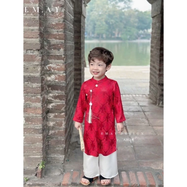 Áo dài bé trai gấm Thọ phối dây ngọc Như Ý – Thiết kế lễ Tết, chụp hình, Trung Thu, giá ưu đãi 169k