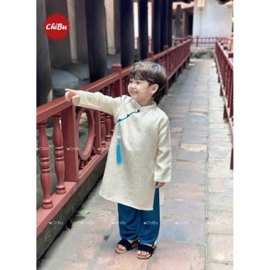Áo dài bé trai Minh Đăng gấm thổ cẩm cao cấp, quần lụa ngọc trai, tặng dây ngọc, 10‑40kg – Giá 313.650₫ 5