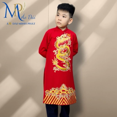 Áo Dài Bé Trai Thêu Rồng Tết Chất liệu Tuyết Mưa 3 màu 8‑55kg Giá ưu đãi 255k