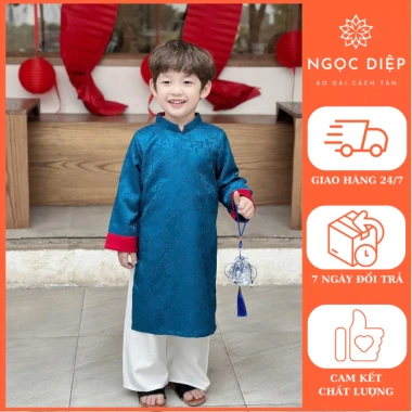Áo dài bé trai Trung Thu Tết 2.026 vải gấm mềm tay phối xanh - Ngọc Diệp giá ưu đãi 235k