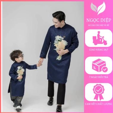 Áo dài bé trai xanh vải gấm thêu rồng - Trung thu & Tết 2.025, giá 245k