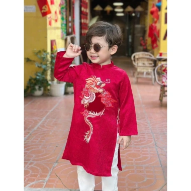 Áo dài bố và bé trai Trung thu - Tết 2.025, vải gấm thêu rồng đỏ Ngọc Diệp ND25.800