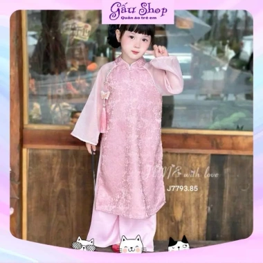 Áo dài cách tân 2 nơ dây khánh, quần lụa & bờm cho bé gái lễ Tết - 140.250 VND 3