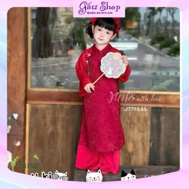 Áo dài cách tân 2 nơ dây khánh, quần lụa & bờm cho bé gái lễ Tết - 140.250 VND 4