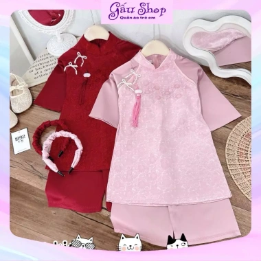 Áo dài cách tân 2 nơ dây khánh, quần lụa & bờm cho bé gái lễ Tết - 140.250 VND 5