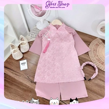 Áo dài cách tân 2 nơ dây khánh, quần lụa & bờm cho bé gái lễ Tết - 140.250 VND 6