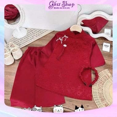 Áo dài cách tân 2 nơ dây khánh, quần lụa & bờm cho bé gái lễ Tết - 140.250 VND 8