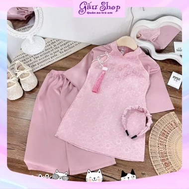 Áo dài cách tân 2 nơ dây khánh, quần lụa & bờm cho bé gái lễ Tết - 140.250 VND 9