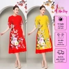 Áo Dài Cách Tân 3D AD019 Dáng Ngắn Lụa Mango In Cành Đào - 159k Ngày Tết
