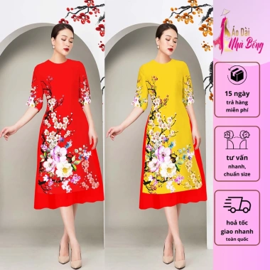 Áo Dài Cách Tân 3D AD019 Dáng Ngắn Lụa Mango In Cành Đào - 159k Ngày Tết