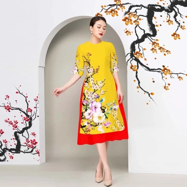Áo Dài Cách Tân 3D AD019 Dáng Ngắn Lụa Mango In Cành Đào - 159k Ngày Tết