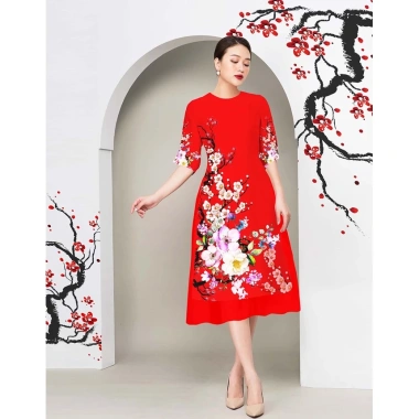 Áo Dài Cách Tân 3D AD019 Dáng Ngắn Lụa Mango In Cành Đào - 159k Ngày Tết
