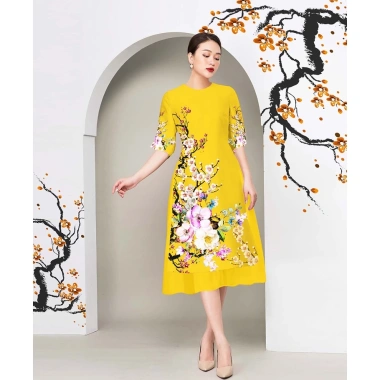 Áo Dài Cách Tân 3D AD019 Dáng Ngắn Lụa Mango In Cành Đào - 159k Ngày Tết
