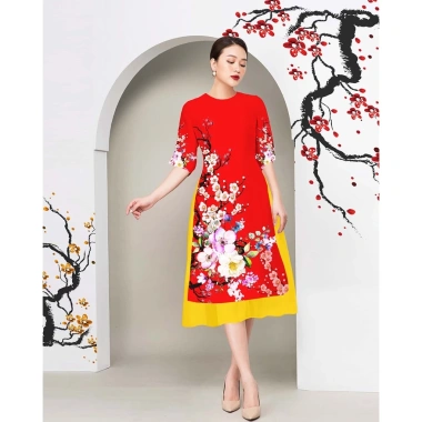 Áo Dài Cách Tân 3D AD019 Dáng Ngắn Lụa Mango In Cành Đào - 159k Ngày Tết