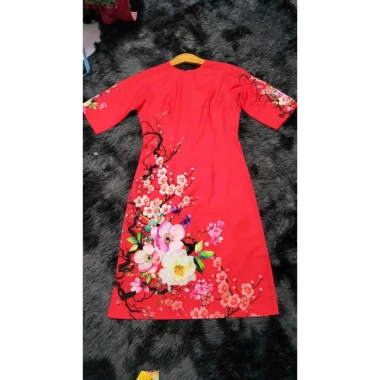 Áo Dài Cách Tân 3D AD019 Dáng Ngắn Lụa Mango In Cành Đào - 159k Ngày Tết