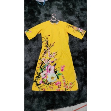 Áo Dài Cách Tân 3D AD019 Dáng Ngắn Lụa Mango In Cành Đào - 159k Ngày Tết