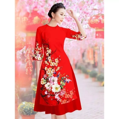 Áo Dài Cách Tân 3D AD019 Dáng Ngắn Lụa Mango In Cành Đào - 159k Ngày Tết