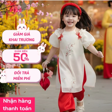 Áo Dài Cách Tân Bé Gái Cổ Yếm Tay Bèo - Voan Cao Cấp Thêu Nơ, Áo Dài Tết OH22 Giá 192.500 VND