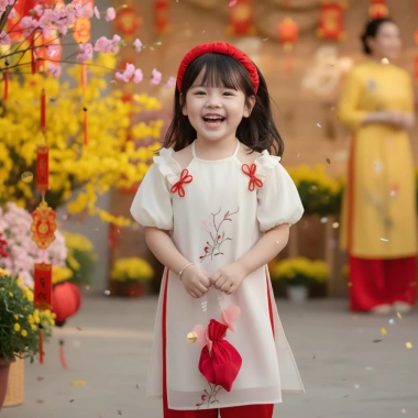 Áo Dài Cách Tân Bé Gái Cổ Yếm Tay Bèo - Voan Cao Cấp Thêu Nơ, Áo Dài Tết OH22 Giá 192.500 VND