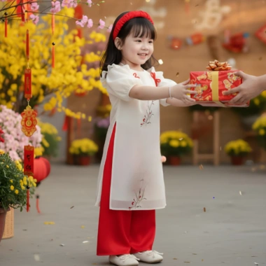 Áo Dài Cách Tân Bé Gái Cổ Yếm Tay Bèo - Voan Cao Cấp Thêu Nơ, Áo Dài Tết OH22 Giá 192.500 VND