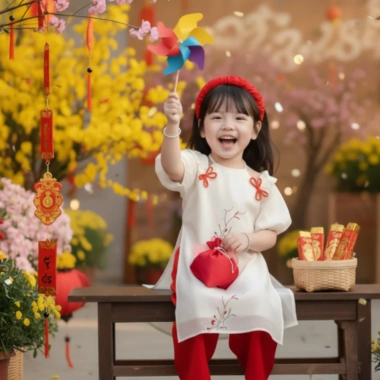 Áo Dài Cách Tân Bé Gái Cổ Yếm Tay Bèo - Voan Cao Cấp Thêu Nơ, Áo Dài Tết OH22 Giá 192.500 VND