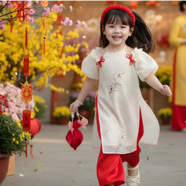 Áo Dài Cách Tân Bé Gái Cổ Yếm Tay Bèo - Voan Cao Cấp Thêu Nơ, Áo Dài Tết OH22 Giá 192.500 VND