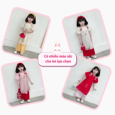 Áo Dài Cách Tân Bé Gái Cổ Yếm Tay Bèo - Voan Cao Cấp Thêu Nơ, Áo Dài Tết OH22 Giá 192.500 VND