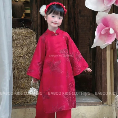 Áo Dài Cách Tân Bé Gái Đỏ BaBoo Kids - Thêu Chim Hạc, Chỉ 209.000 2