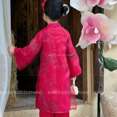 Áo Dài Cách Tân Bé Gái Đỏ BaBoo Kids - Thêu Chim Hạc, Chỉ 209.000 3