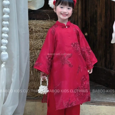 Áo Dài Cách Tân Bé Gái Đỏ BaBoo Kids - Thêu Chim Hạc, Chỉ 209.000 6