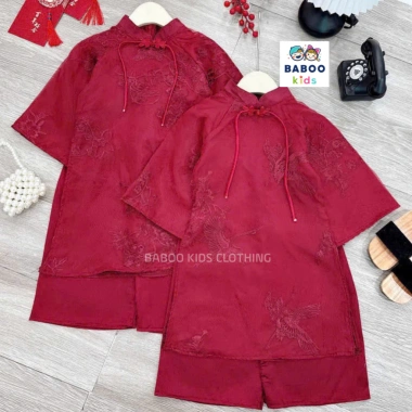 Áo Dài Cách Tân Bé Gái Đỏ BaBoo Kids - Thêu Chim Hạc, Chỉ 209.000 10