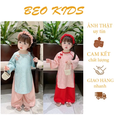 Áo Dài Cách Tân Bé Gái Gấm Cao Cấp - Băng Đô Xinh Dễ Thương Cho Mùa Tết