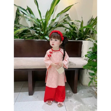 Áo Dài Cách Tân Bé Gái Gấm Cao Cấp - Băng Đô Xinh Dễ Thương Cho Mùa Tết