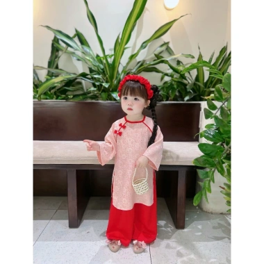 Áo Dài Cách Tân Bé Gái Gấm Cao Cấp - Băng Đô Xinh Dễ Thương Cho Mùa Tết