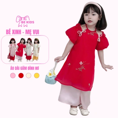 Áo dài cách tân bé gái gấm nhẹ đính nơ đỏ, tay bồng duyên dáng – BE KIDS OH22, giảm giá 238.700₫