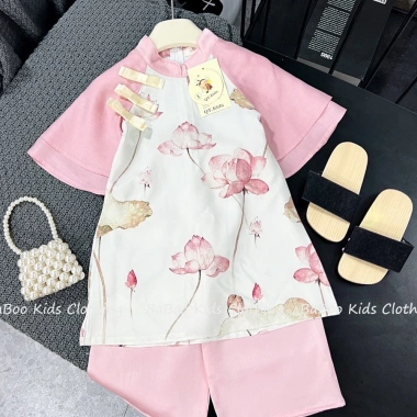 Áo Dài Cách Tân Bé Gái In Sen Tay Lụa Mềm 2 Lớp Baboo Kids Quần Lụa Xuông A6 Giá 139k 3