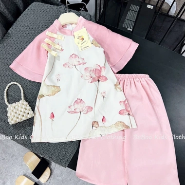Áo Dài Cách Tân Bé Gái In Sen Tay Lụa Mềm 2 Lớp Baboo Kids Quần Lụa Xuông A6 Giá 139k 4
