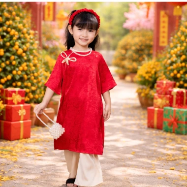 Áo Dài Cách Tân Bé Gái Mặc Tết Gấm và Quần Lụa Nơ Ngọc - Giá 35k