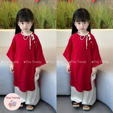 Áo Dài Cách Tân Bé Gái Ngọc Trai Đính Nơ - Tặng Bờm, Giá Ưu Đãi 230.000₫