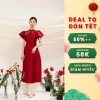 Áo dài cách tân đỏ Tú Quyên kèm quần, tay xòe nơ ngực sang trọng - Tiệc lễ tết