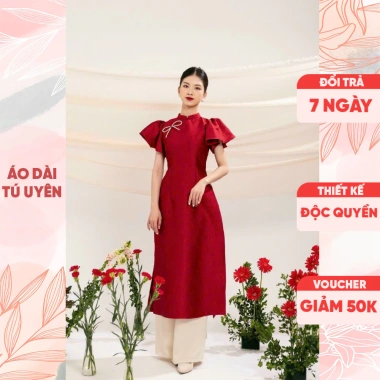 Áo dài cách tân đỏ Tú Quyên kèm quần, tay xòe nơ ngực sang trọng - Tiệc lễ tết