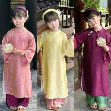 Áo dài cách tân Lam Khuê gấm lụa hoa và bờm cho bé gái, set X261, giá 50.000đ, mặc Tết