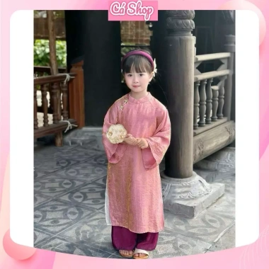 Áo dài cách tân Lam Khuê gấm lụa hoa và bờm cho bé gái, set X261, giá 50.000đ, mặc Tết