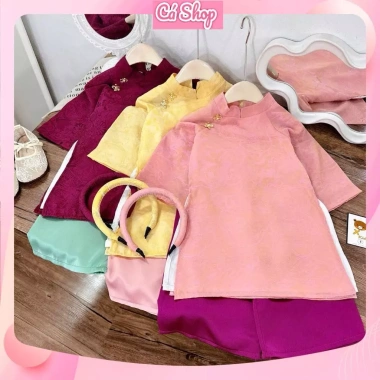 Áo dài cách tân Lam Khuê gấm lụa hoa và bờm cho bé gái, set X261, giá 50.000đ, mặc Tết