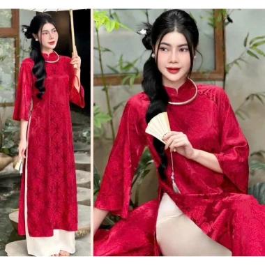 Áo dài cách tân màu cam đào gấm thọ rơi mã D10 Giá ưu đãi 226.800 VND