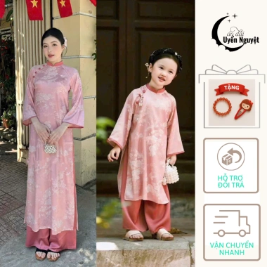 Áo dài cách tân mẹ bé gái hồng Uyển Nguyệt AD053 - vải gấm 2 tà mềm mịn, giá ưu đãi 215.000₫