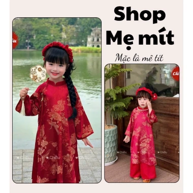 Áo Dài Cách Tân Mẹ và Bé Gấm Đỏ Chim Hoa Cổ 2p Tay Loe Lễ Tết Kèm Bờm BY005 Giảm Giá Đặc Biệt 512k