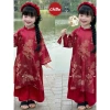 Áo Dài Cách Tân Mẹ và Bé Gấm Đỏ Chim Hoa Cổ 2p Tay Loe Lễ Tết Kèm Bờm BY005 Giảm Giá Đặc Biệt 512k 3